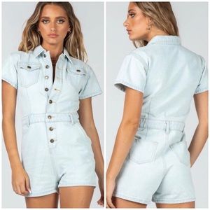 Lioness You Know What’s Up Denim Romper in Light Blue Wash